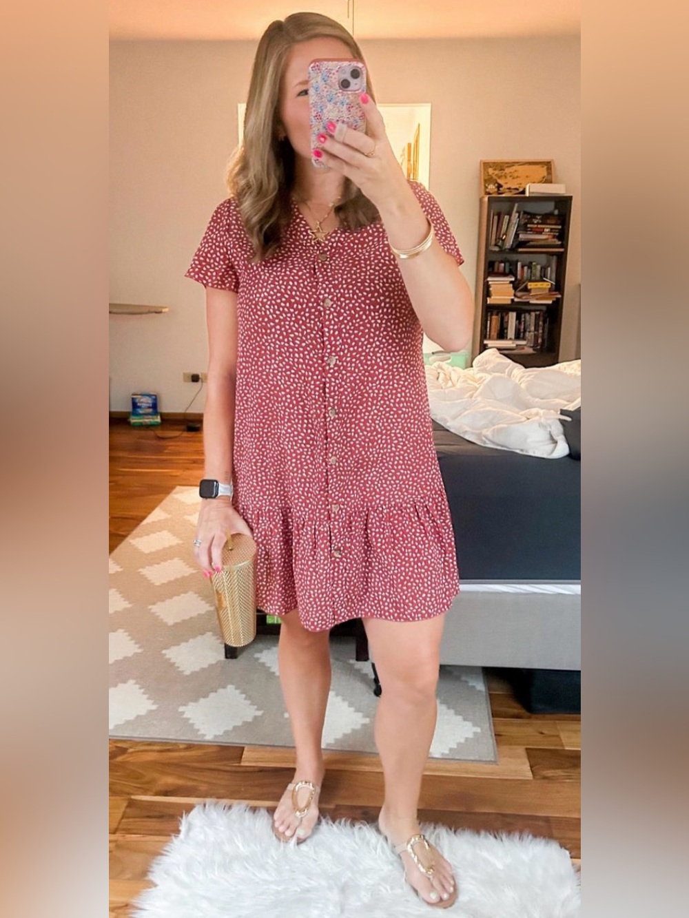 Short Button-Front Mini Dress in Dusty Rose Dot